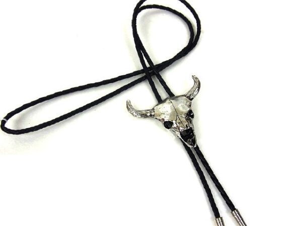 A Longhorn Silver Skull Bolo Tie with a black leather cord.