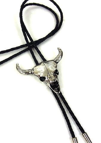 Longhorn Silver Skull Bolo Tie on white background