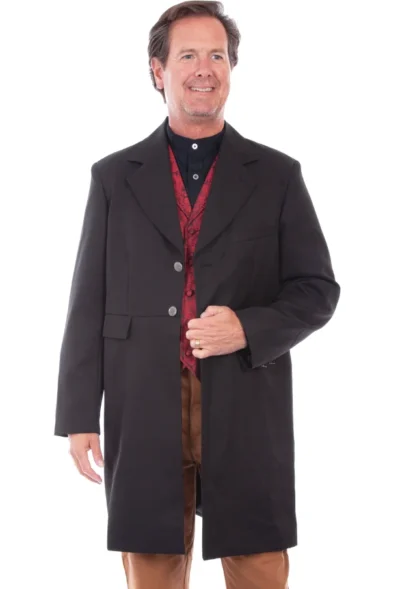 <div class="qsc-html-content"> Mens Scully Old West Frock Long Black Dress Coat <ul> <li>Authentic tailoring</li> <li>Two front flap pockets</li> <li>100% polyester</li> <li>Fully lined</li> <li>36-56 Reg</li> </ul> </div> •