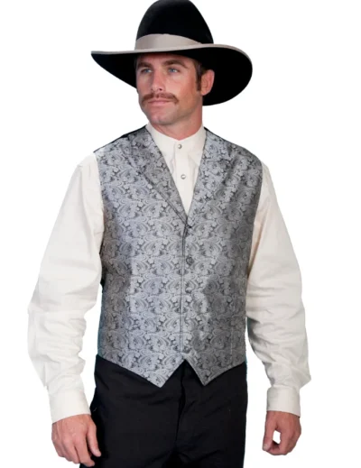 MENS GREY PAISLEY DRESS WESTERN VEST <ul style="list-style: square inside none;"> <li>100% Polyester</li> <li>Classic Paisley vest</li> •