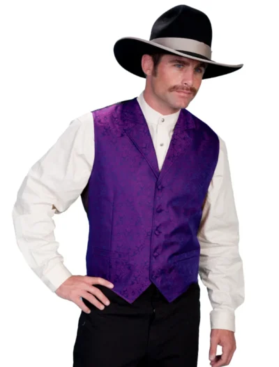 MENS PURPLE PAISLEY DRESS WESTERN VEST <ul style="list-style: square inside none;"> <li>100% Polyester</li> <li>Classic Paisley vest</li> <li>S-6XL/ L-Tall-3X TALL</li> </ul> •