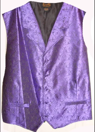 MENS PURPLE PAISLEY DRESS WESTERN VEST <ul style="list-style: square inside none;"> <li>100% Polyester</li> <li>Classic Paisley vest</li> <li>S-6XL/ L-Tall-3X TALL</li> </ul> •