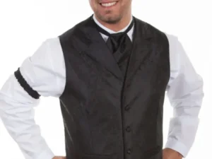 Man wearing black vest, tie, and top hat.