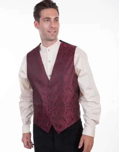 Scully Mens Burgundy Paisley Dress Western Lapel Vest 100% Polyester Matching child vest S-6XL/ L-Tall -3X TALL •