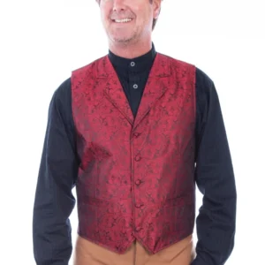 Man wearing a red patterned vest over a black shirt.