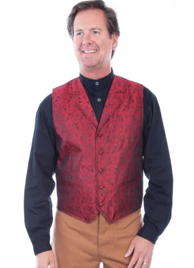 MENS RED PAISLEY DRESS WESTERN VEST <ul style="list-style: square inside none;"> <li>100% Polyester</li> <li>Classic Paisley vest</li> •
