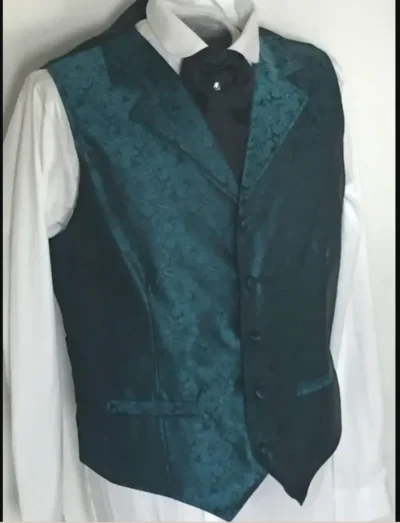 MENS TEAL PAISLEY DRESS WESTERN VEST <ul style="list-style: square inside none;"> <li>100% Polyester</li> <li>Classic Paisley vest</li> <li>S-6XL/ L-Tall-3X TALL</li> •