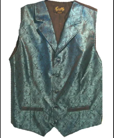MENS TEAL PAISLEY DRESS WESTERN VEST <ul style="list-style: square inside none;"> <li>100% Polyester</li> <li>Classic Paisley vest</li> <li>S-6XL/ L-Tall-3X TALL</li> •