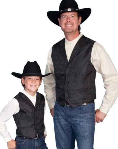 Father and son wearing black Western vests and cowboy hats.