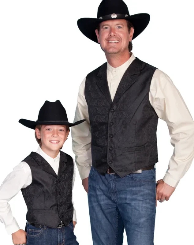 Scully Kids Black Paisley dress western vest 2 Father and son wearing black Western vests