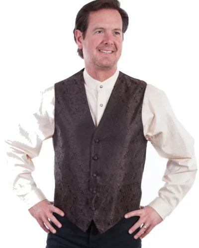 MENS BROWN PAISLEY DRESS WESTERN VEST <ul style="list-style: square inside none;"> <li style="list-style-type: none;"> <ul style="list-style: square inside none;"> <li>100% Poly</li> <li>S- 6XL/ L-Tall -6X TALL</li> •