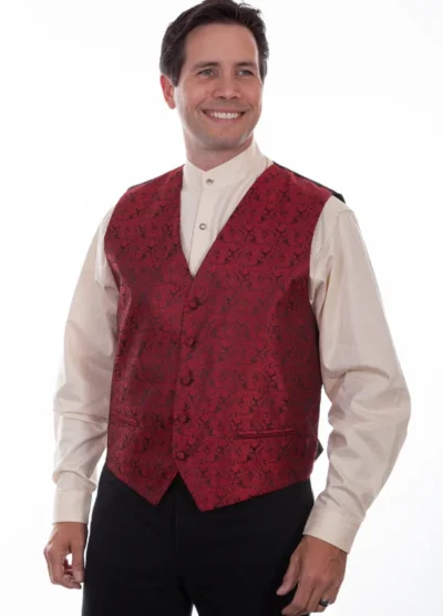 MENS RED PAISLEY DRESS WESTERN VEST <ul> <li>100% Poly</li> <li>S- 6XL/ L-Tall -6X TALL</li> </ul> •