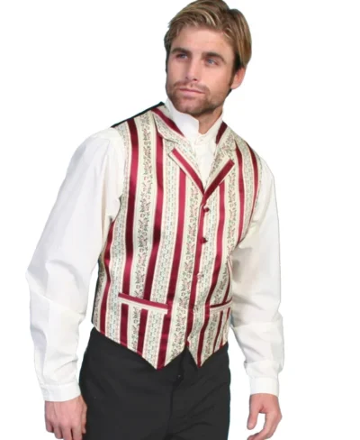 Mens Burgundy striped Barber shop lapel 1800's vest <ul style="list-style: square inside none;"> <li>100% Polyester</li> <li>Classic Paisley vest</li> <li>Notched Lapel Vest</li> <li>S- 6XL/ LT-3XT</li> •