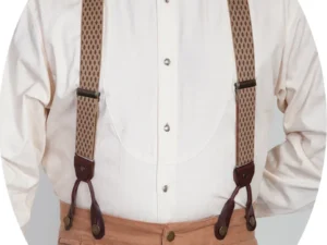 Man wearing cream shirt and brown patterned suspenders.