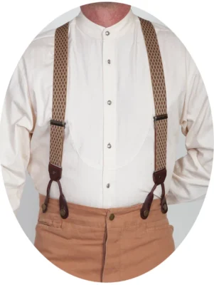 Man wearing cream shirt and brown patterned suspenders.