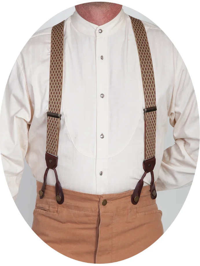 Man wearing cream shirt and brown patterned suspenders.