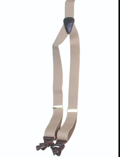 Men's Tan Y Backed suspenders <ul style="list-style: square inside none;"> <li>Y back</li> <li>Leather loops</li> <li>1 1/2" wide</li> <li>Adjustable</li> </ul> •