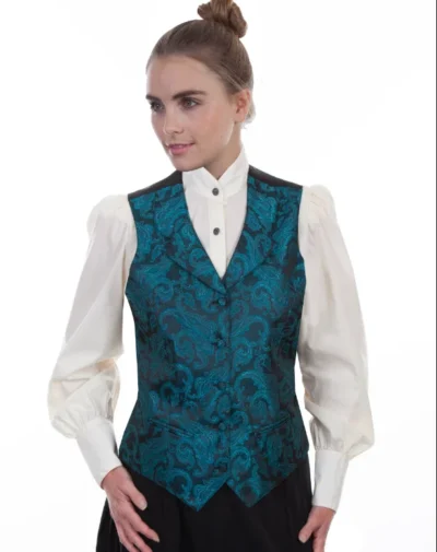 Womens Scully Victorian Turquoise Teal Paisley Vest <ul> <li>Paisley swirls</li> <li>Notched Lapels</li> <li>Adjustable back</li> <li>XS -2XL</li> </div> •