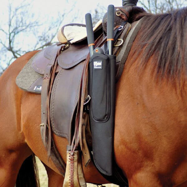 A brown horse with two scabbards on its back.