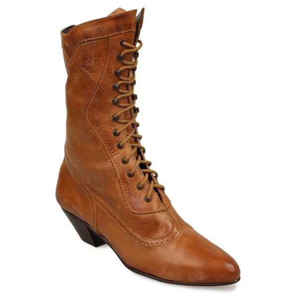 A women's tan leather boot with laces, upgraded from SIZE 5.5 Antique saddle leather lace up womens Granny boots.