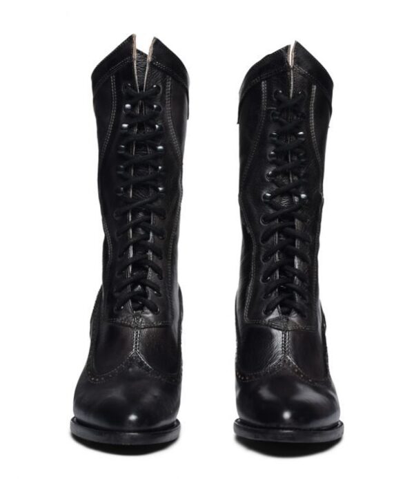 A pair of Jasmine Womens Black Leather Victorian Frontier Granny Boots with laces.