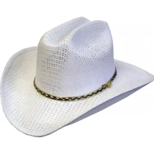 White cowboy hat with braided band.