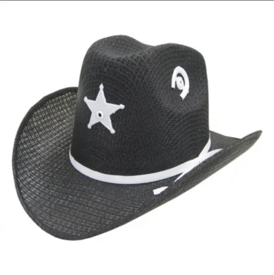 Toddler Tight-weave Black Cowboy Hat with Start w/Elastic <ul style="list-style: square inside none;"> <li>BABY to TODDLER</li> <li>17"-19" head</li> </ul> •