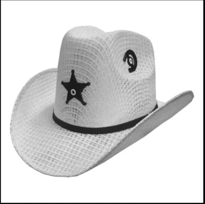 <div class="qsc-html-content"> Toddler Tight-weave White Cowboy Hat with Star w/Elastic <ul style="list-style: square inside none;"> <li>NEWBORN to TODDLER</li> <li>Fits Aprox ages 0-3 year</li> <li>17 3/4" -  20" head</li> </ul> </div> •