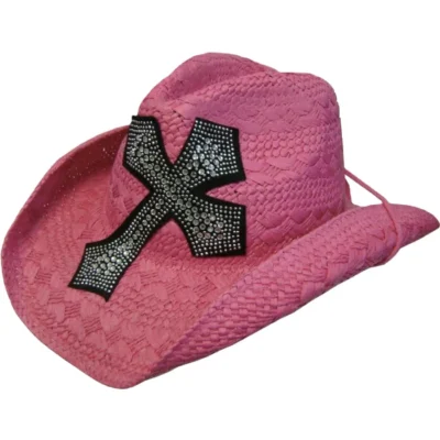 Rhinestone western cross pink straw cowboy hat
