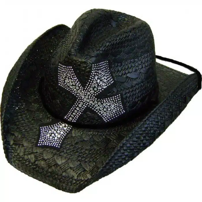 A Black Rhinestone Western Cross straw cowboy hat with a draw string on it.