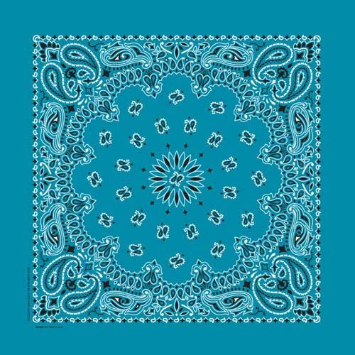 A USA Made Paisley Western bandana in colors on a turquoise background.