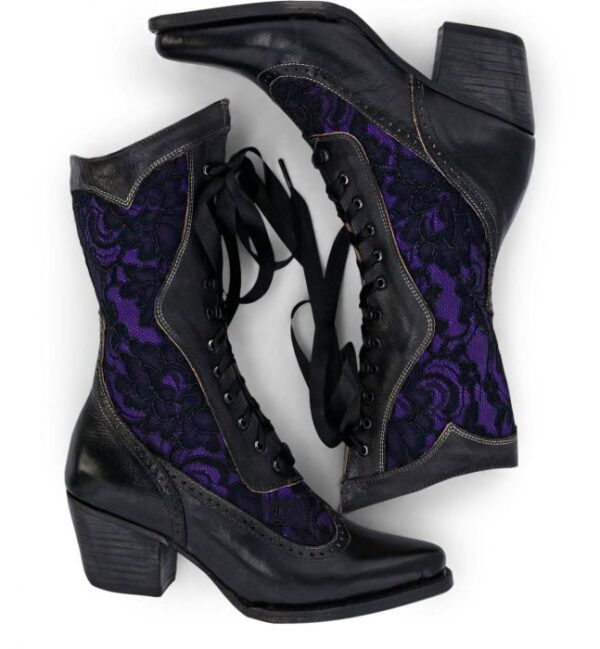 A pair of Biddy Black Leather & Lace Purple Womens Granny Boots.