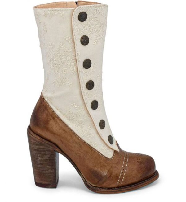 Amelia Tan Ivory Leather Button Snap Womens Zip Granny Boots with buttons and a wooden heel.