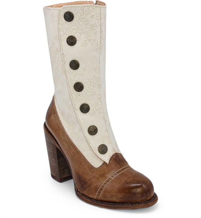 Amelia Tan Ivory Leather Button Snap Womens Zip Granny Boots with buttons and a wooden heel.