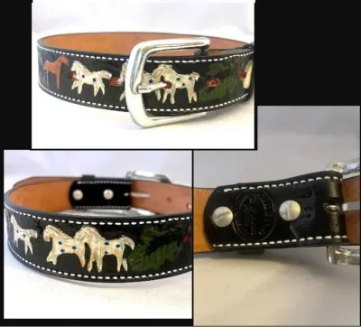 Horse Tooled Black Leather <strong>Kids Western Belt</strong> <ul> <li>1-1/4" wide</li> <li>sizes 18-28 waist</li> <li>Removeable buckle</li> </ul> •