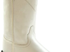 A SIZE 9 White leather roper women's cowboy boot on a white background.