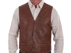 A man wearing a brown leather vest.