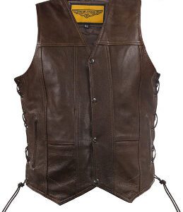 Men Brown Leather Snap Front Concealed Carry Vest