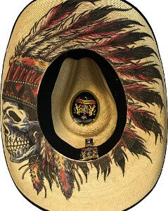 A Sahuayo Straw Native Chief Skull Cowboy Hat with feathers on it.