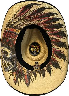 A Sahuayo Straw Native Chief Skull Cowboy Hat with feathers on it.