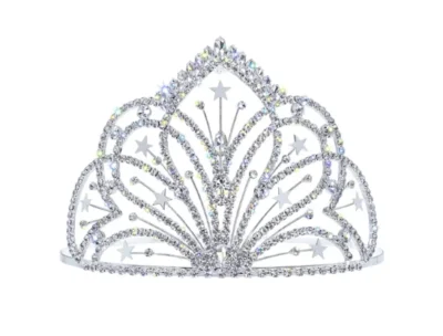 <div class="qsc-html-content"> "Radiant Star" Silver plated Cowgirl hat crown rhinestone tiara <ul style="list-style: square inside none;"> <li>Fits alll hat sizes</li> <li>Rhinestones & Stars</li> <li>5" high</li> </ul>   </div> •
