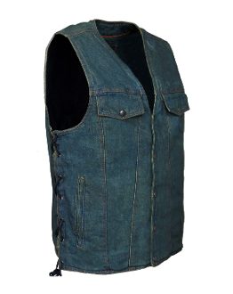 The Mens Side Lace Blue Denim Concealed Carry Vest is shown on a white background.