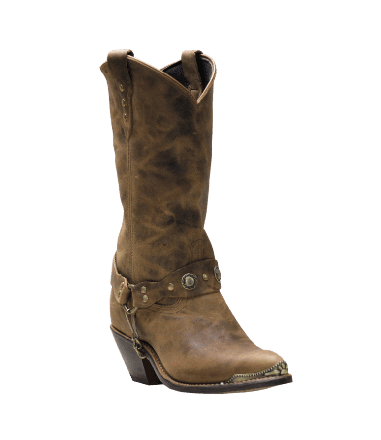 Distress Cowhide J toe Womens Boot Chain Cowboy Boots USA made on a white background.