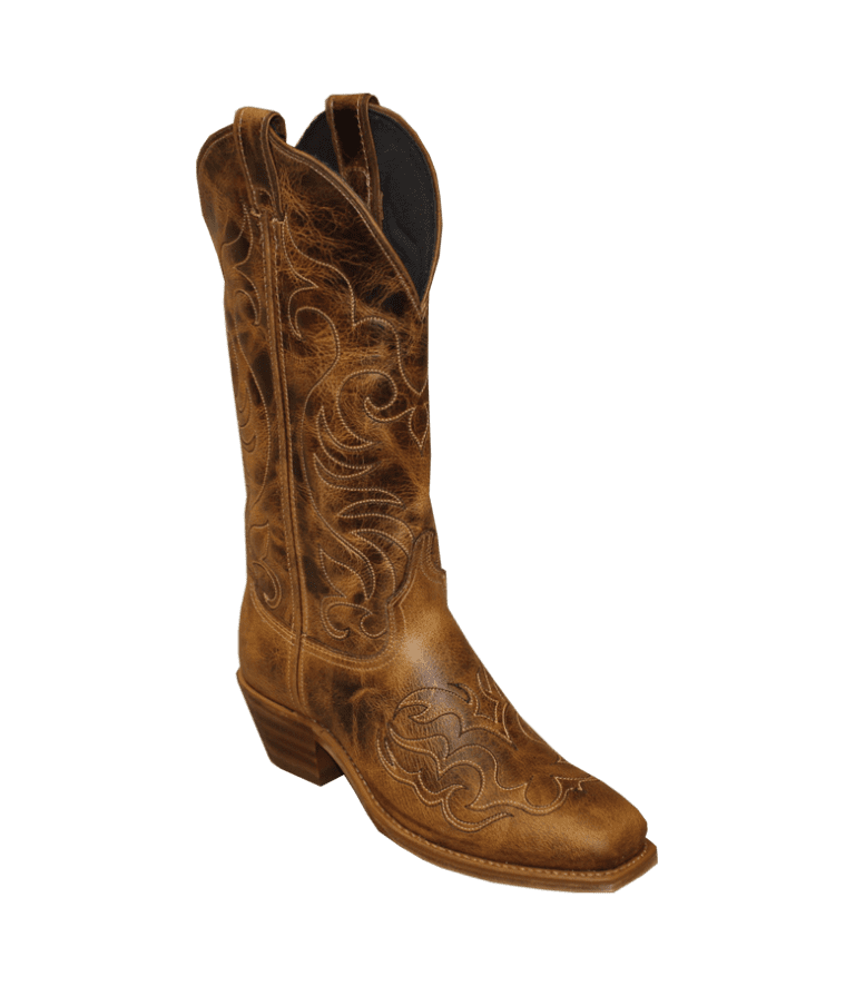 A women's Womens Antique Tan Cowhide Square Toe Cowboy Boots USA made.