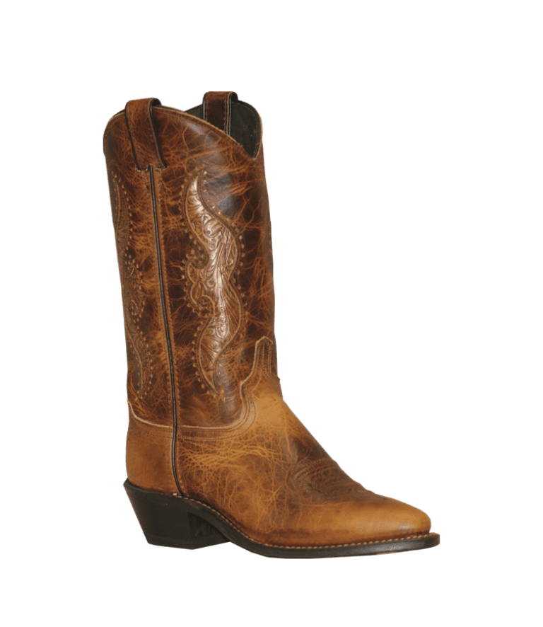 A women's Womens Antique Brown Cowhide Tooled Cowboy Boots USA made with a tan leather upper.
