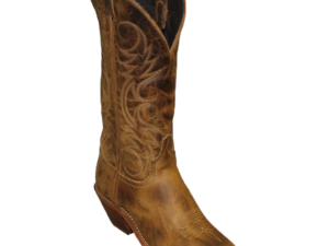 A Womens Brown Cowhide Leather J Toe Western cowgirl boot on a black background.