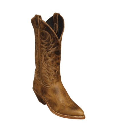 A Womens Brown Cowhide Leather J Toe Western cowgirl boot on a black background.