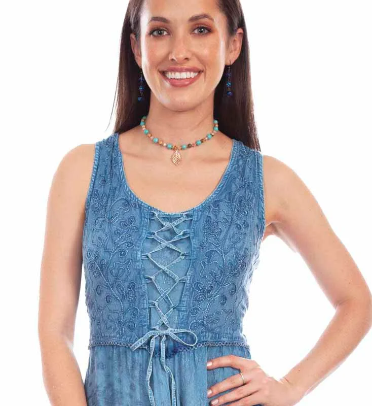 Scully Women's Embroidered Floral Western Dress - Blue Lace Up Front 3 Scully Women's Embroidered Floral Western Dress - Blue Lace Up Front