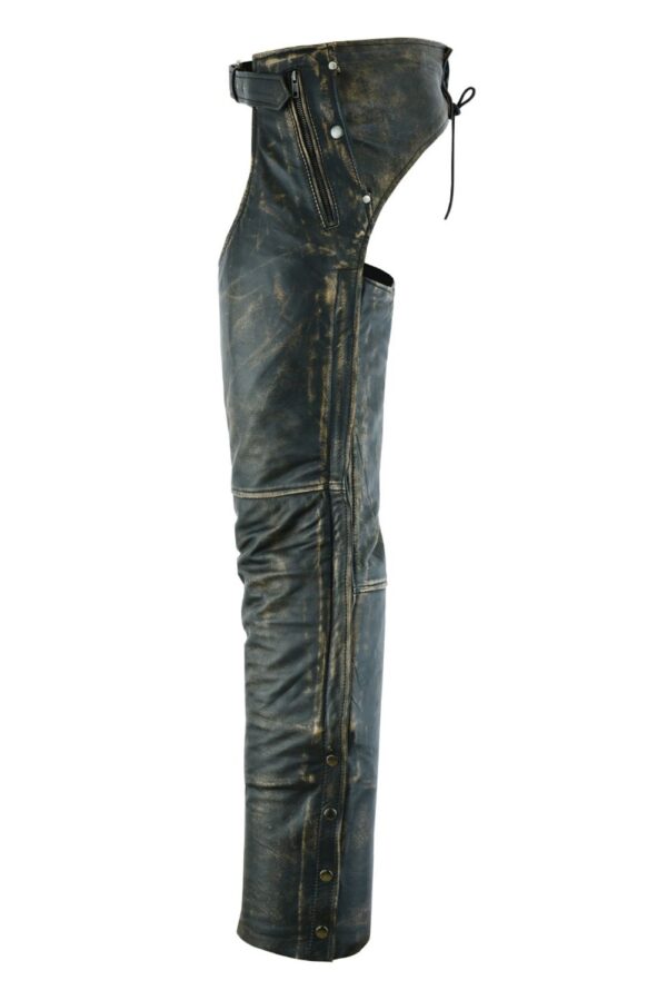 A pair of Espresso Distressed Brown Leather Pocket Chaps