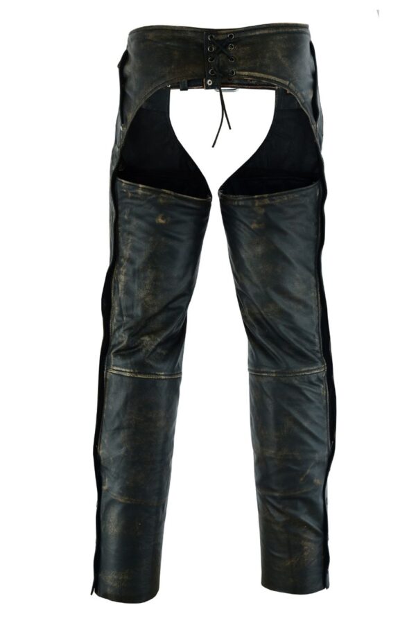 A pair of Espresso Distressed Brown Leather Pocket Chaps with zippers, perfect for men looking for stylish chaps pants.